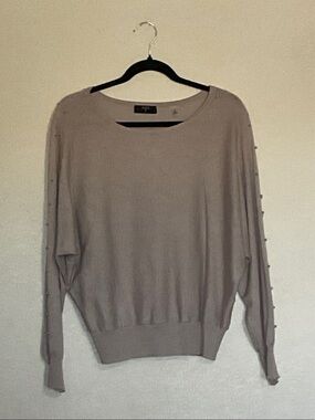 Tahari Taupe Crewneck Sweater with Pearl-Trim Sleeves